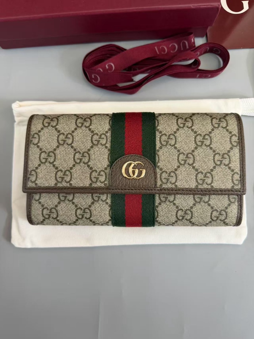 Gucci Beige GG Supreme Continental Wallet with Green and Red Web Stripe